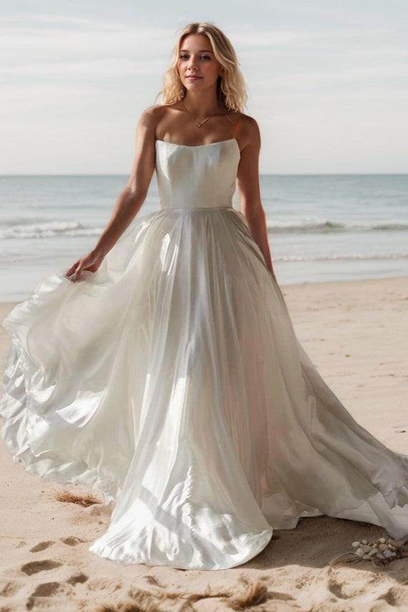 A-Line Sweep-Brush Train Chiffon Wedding Dress CW3515 - COCOMELODY